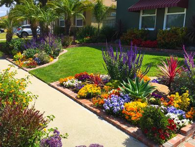 Colorful flower beds brighten a sunny suburban front yard with lush green grass.