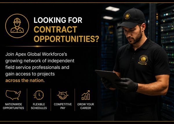 Man using tablet promoting contract opportunities with Apex Global Workforce.