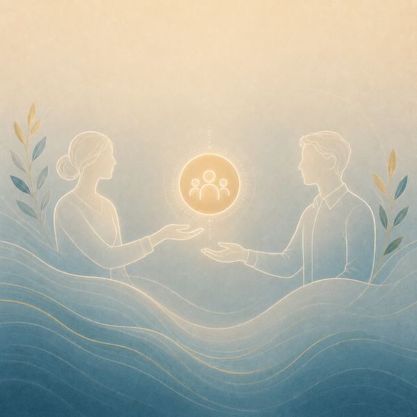 Illustration of a man and woman sharing a glowing circle symbolizing connection and community.