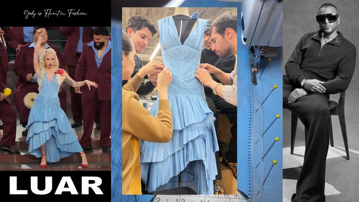 A blue pleated dress in design and performance settings.