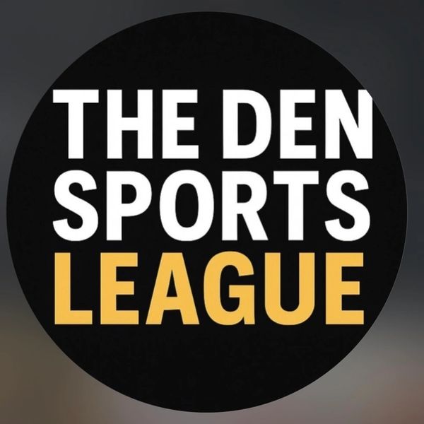 Logo of The Den Sports League with bold white and yellow text on black circle.