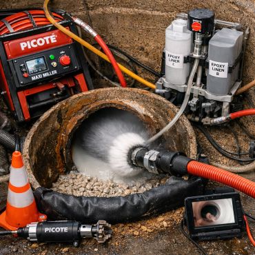 Machine cleaning a sewer pipe with epoxy lining application.