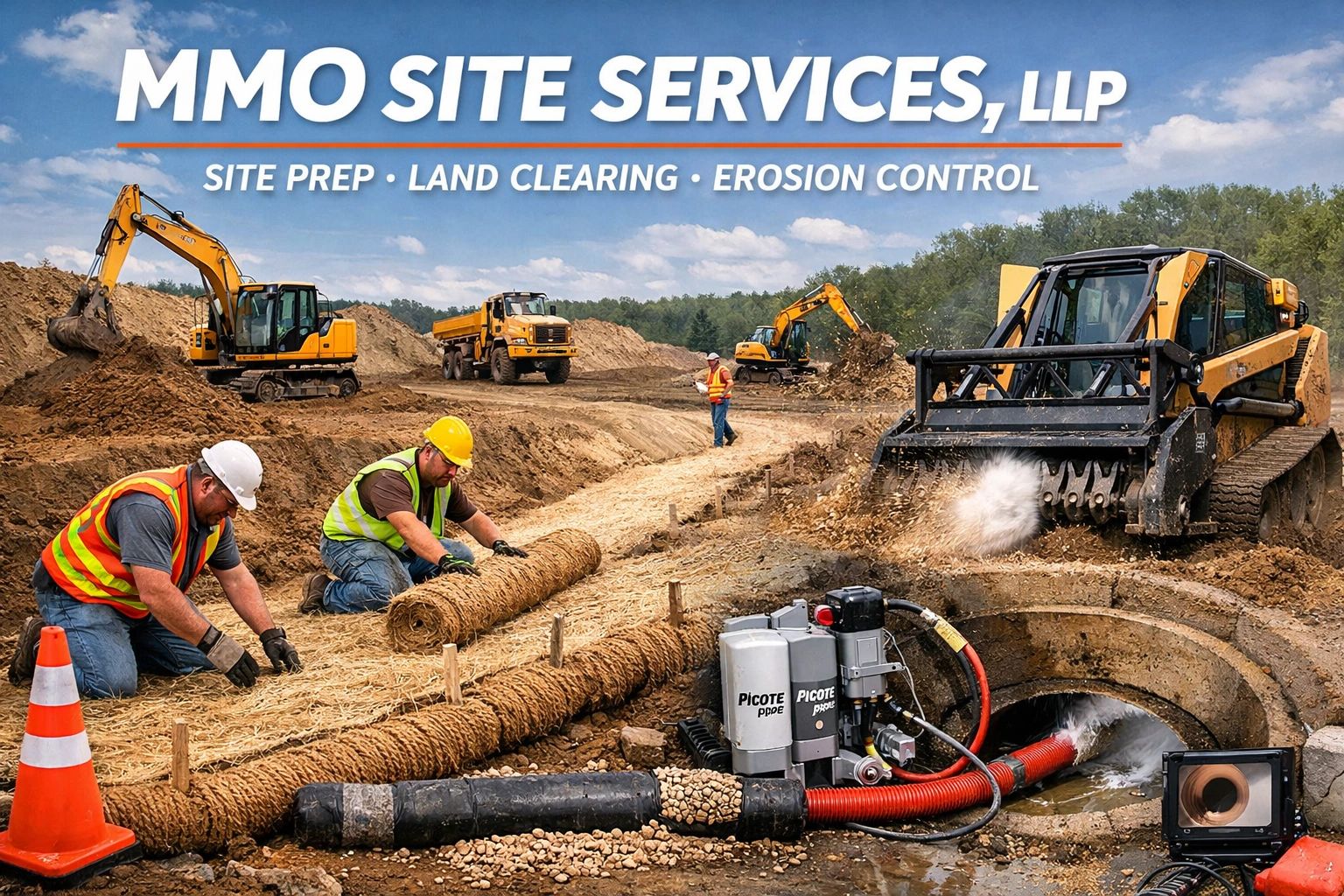 Construction workers preparing land with heavy machinery and erosion control materials.