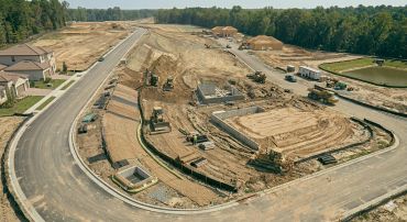 Construction site with earthmoving machinery preparing land for development.