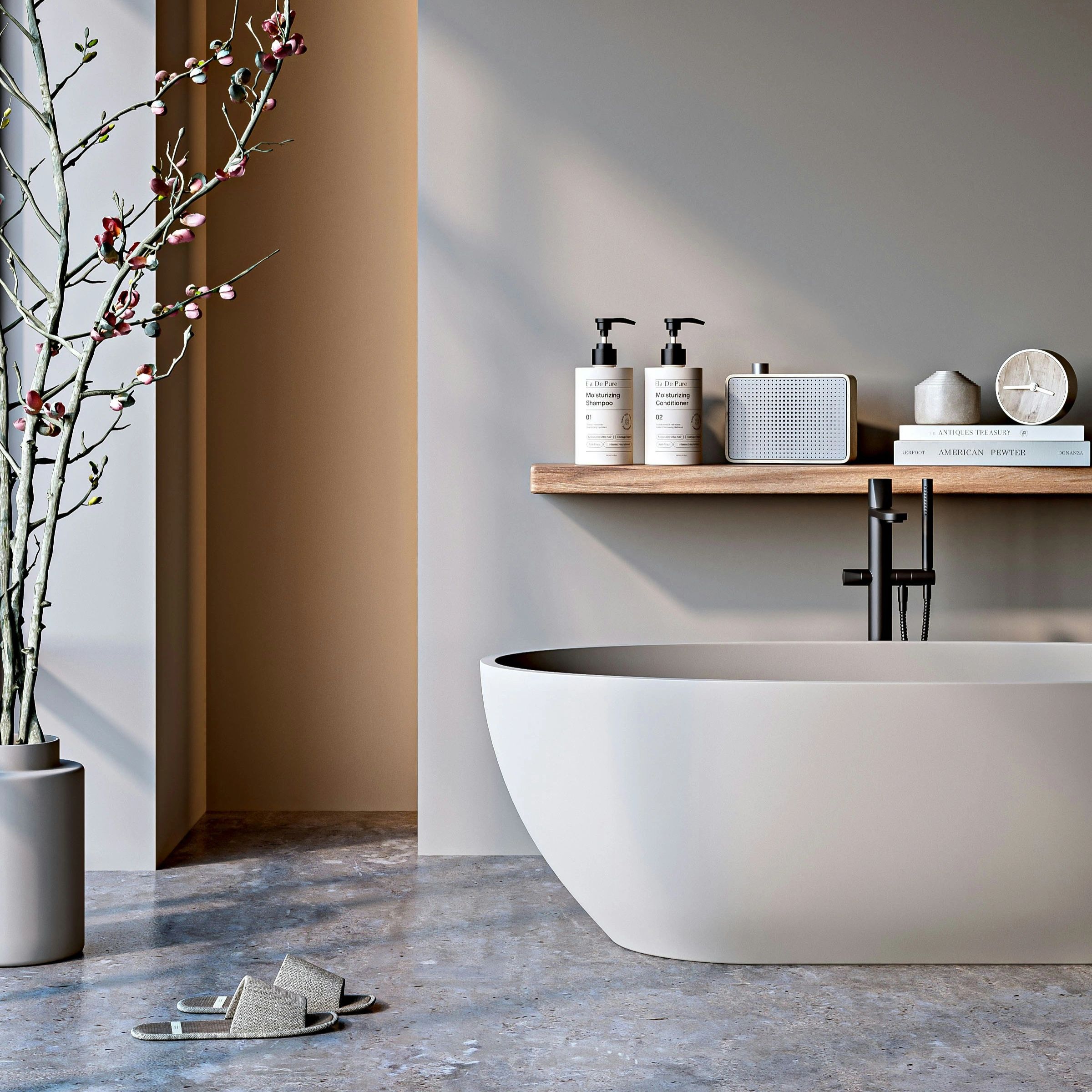 Modern bathroom with a white tub, wooden shelf, and decorative elements.