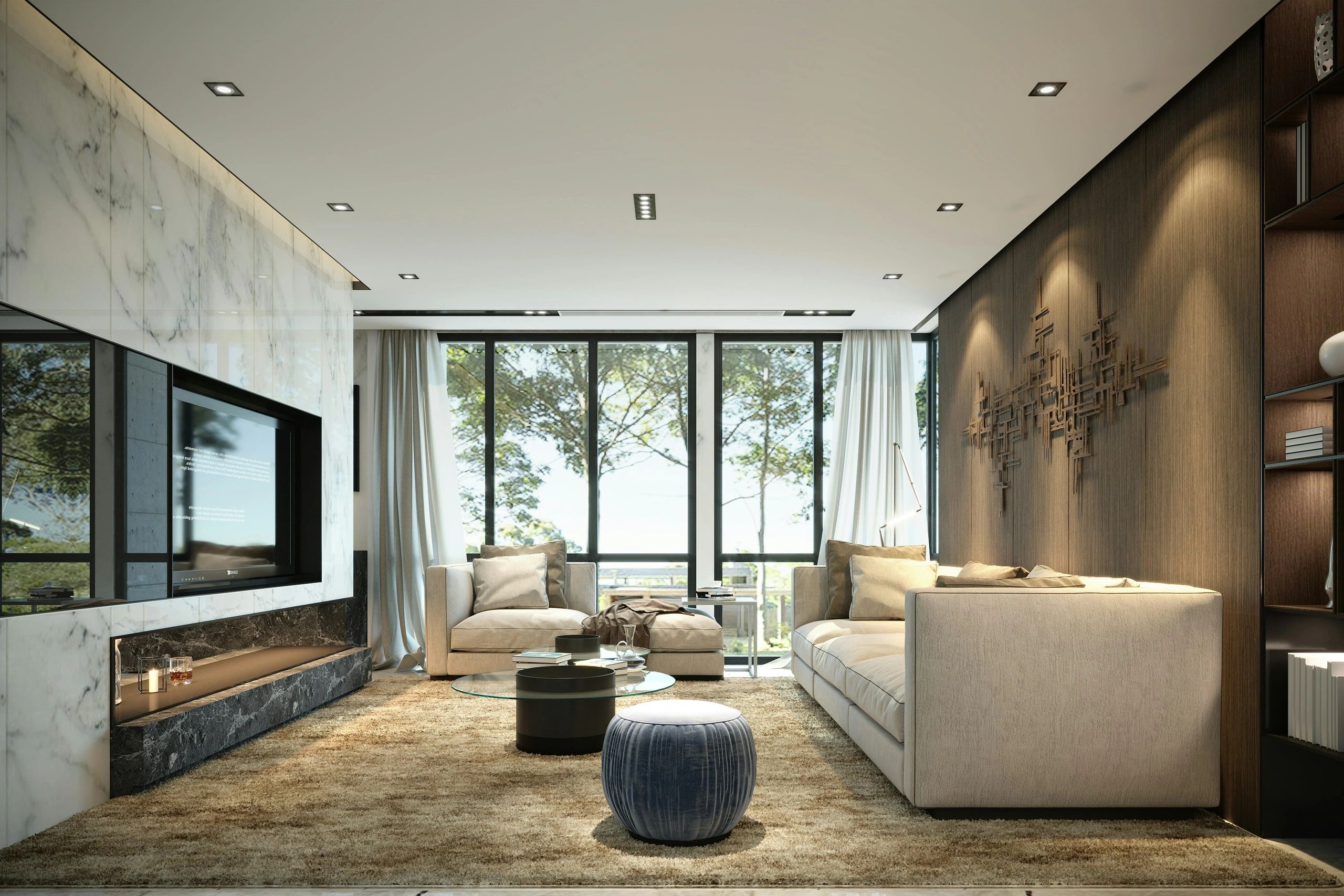 Modern living room with large windows, beige furniture, and marble fireplace.