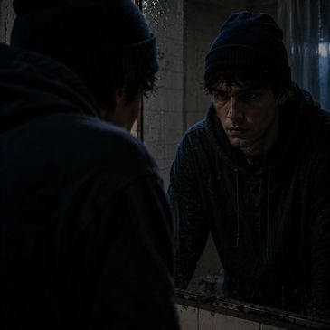 A man in a dark hoodie and beanie stares intensely into a cracked mirror.