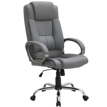 Gray ergonomic office chair with padded armrests and wheels.