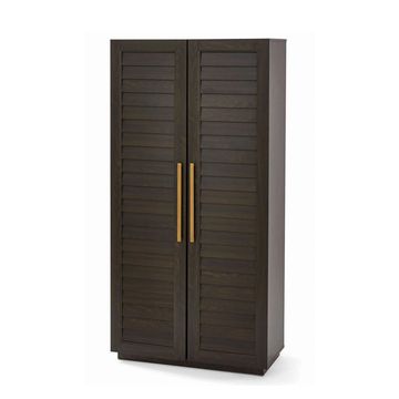 Tall dark wooden cabinet with louvered doors and brass handles.