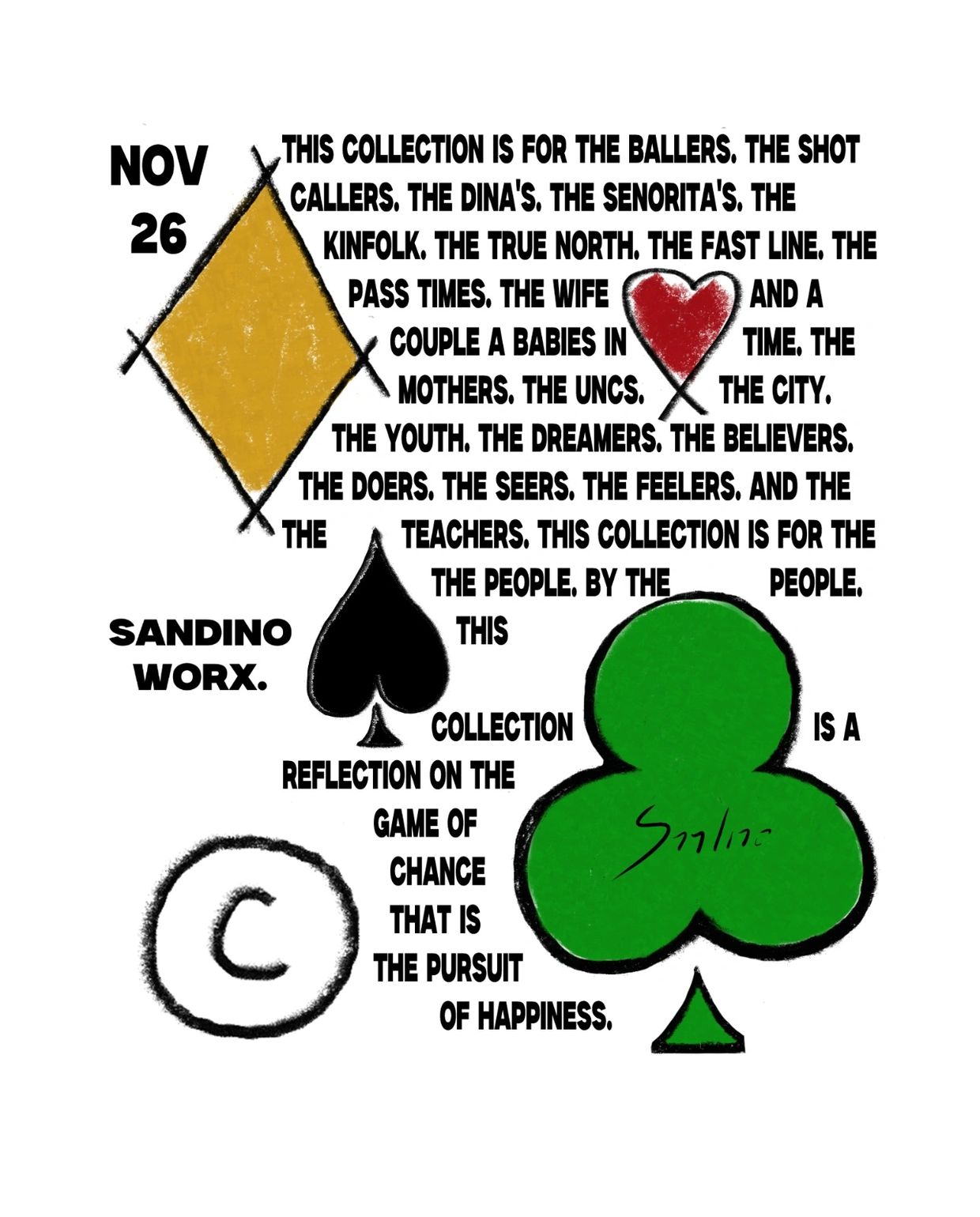 Typography art with playing card suits and a message about a collection release on Nov 26.