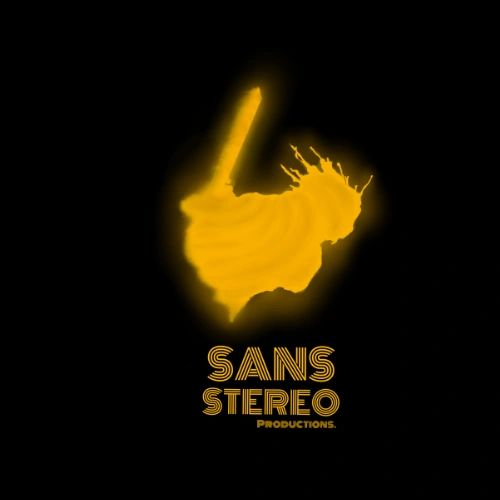 Yellow glowing hand holding a pencil with 'Sans Stereo Productions' text below on black background.