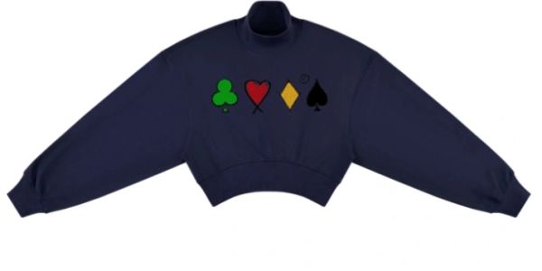 Navy cropped sweatshirt with card suit symbols.