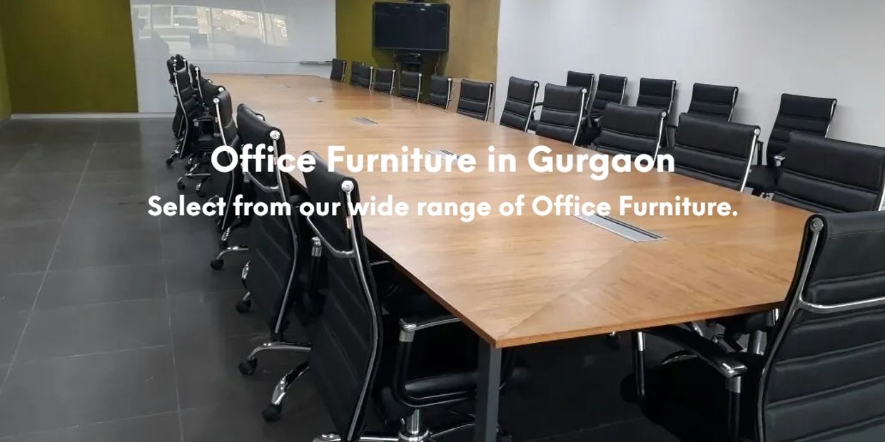 Office Furniture in Gurgaon- Image of a brown conference table with black chairs for board room.