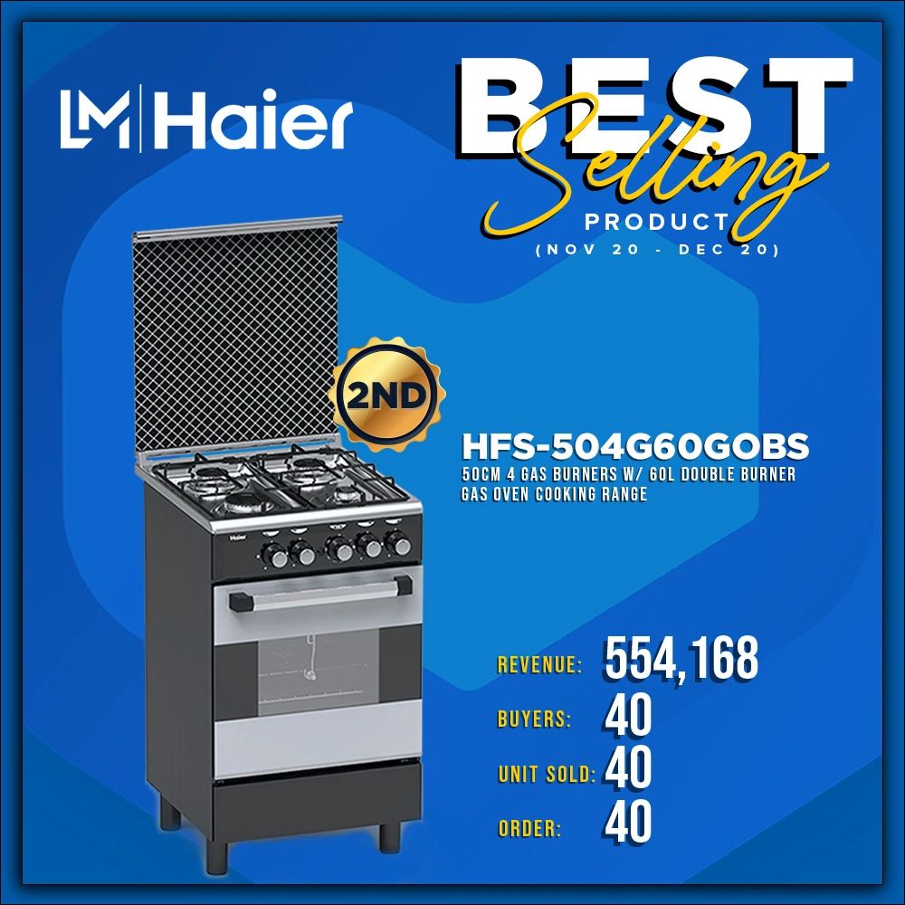 Haier HFS504G60GOBS 50cm 4 Gas Burners with 60L Double Burner Gas Oven