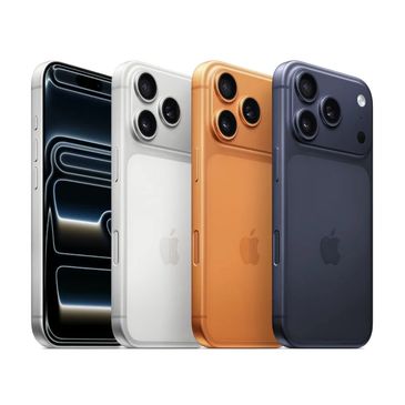 Four iPhones in different colors, showcasing front and back designs with triple cameras.