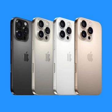Four iPhones in black, silver, white, and gold colors against a blue background.