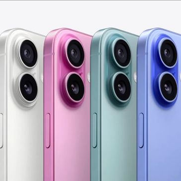 A lineup of iPhones in various colors showcasing dual cameras.