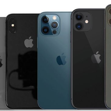 A lineup of various iPhone models in different colors and designs.