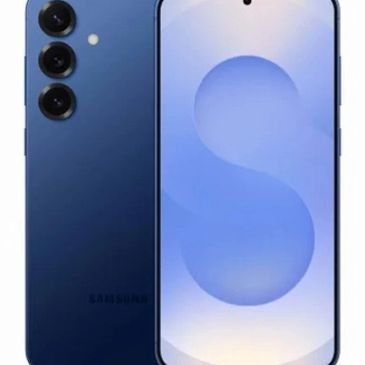 Blue Samsung smartphone with triple rear cameras and front display.