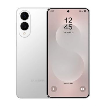 Samsung smartphone showing front and back views in white.