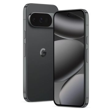 Sleek black Google Pixel smartphone shown from front and back.