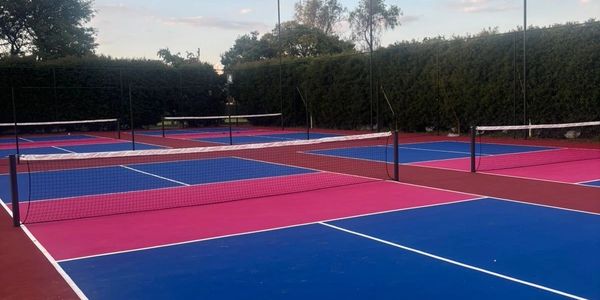 Colorful pickleball courts with blue and pink surfaces surrounded by greenery.
