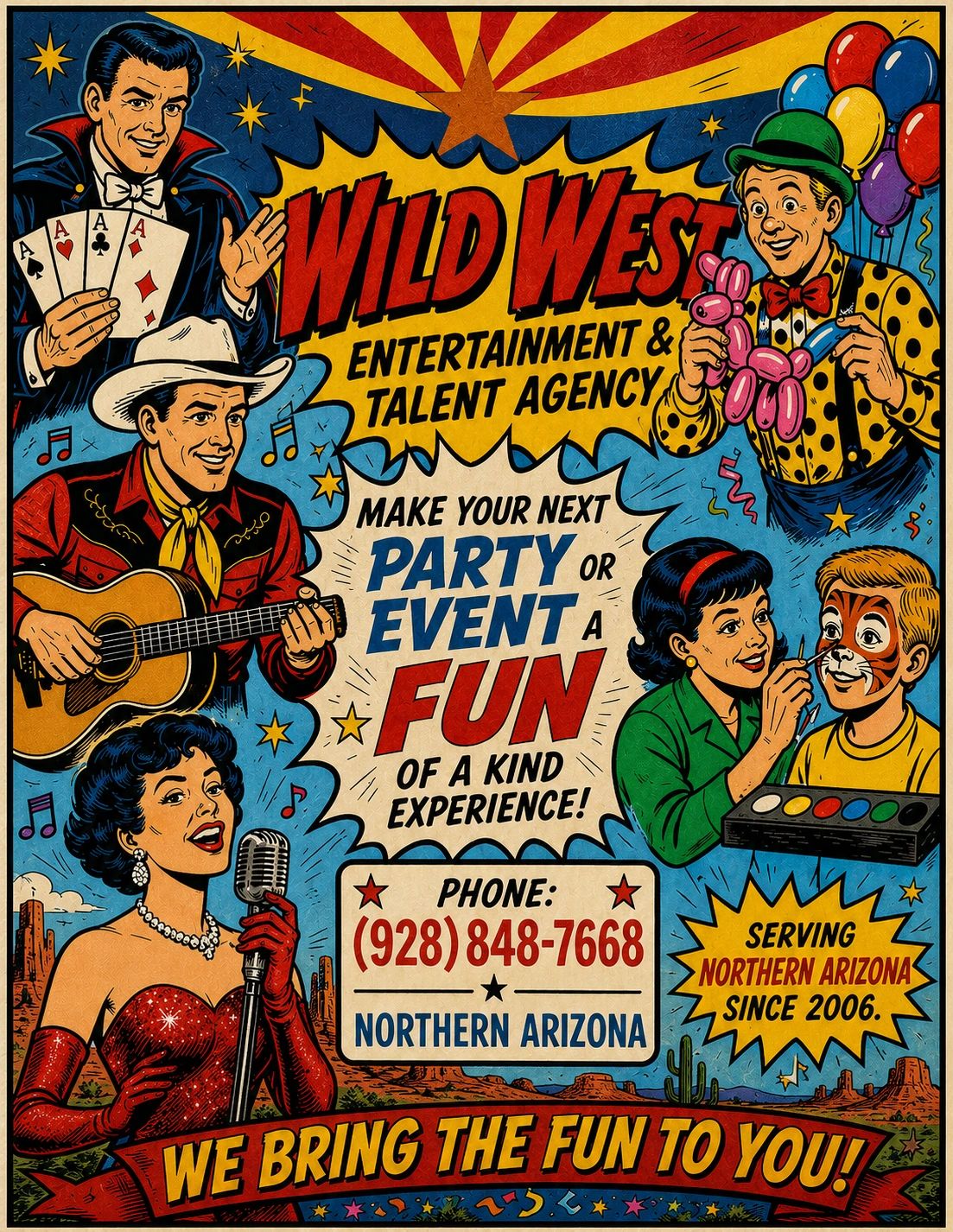 Retro poster for Wild West Entertainment & Talent Agency with performers and party fun.