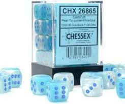 Gemini® 12mm d6 Pearl Turquoise-White/blue Luminary™ Dice Block™ (36 dice)