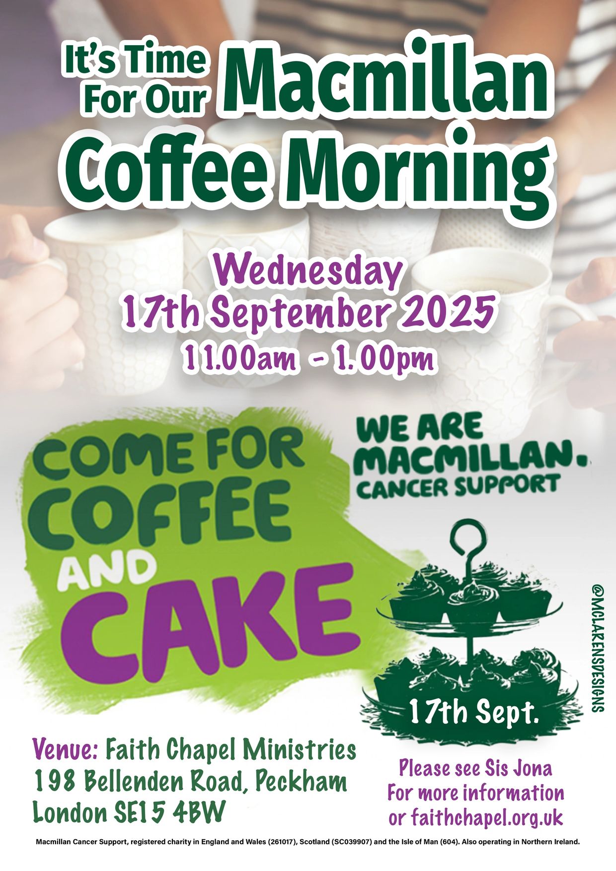 Invitation to Macmillan Coffee Morning event on 17th September 2025 at Faith Chapel Ministries, Peckham.