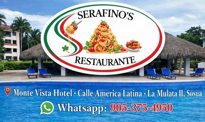 Serafino's Restaurante logo with contact info and hotel location in front of pool.