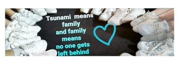 White sneakers in a circle around a message about family and no one left behind.