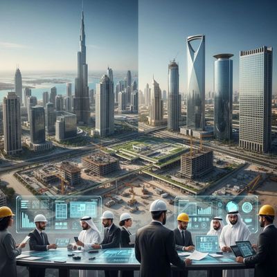 Business team with hard hats planning construction in a futuristic cityscape with digital interfaces.