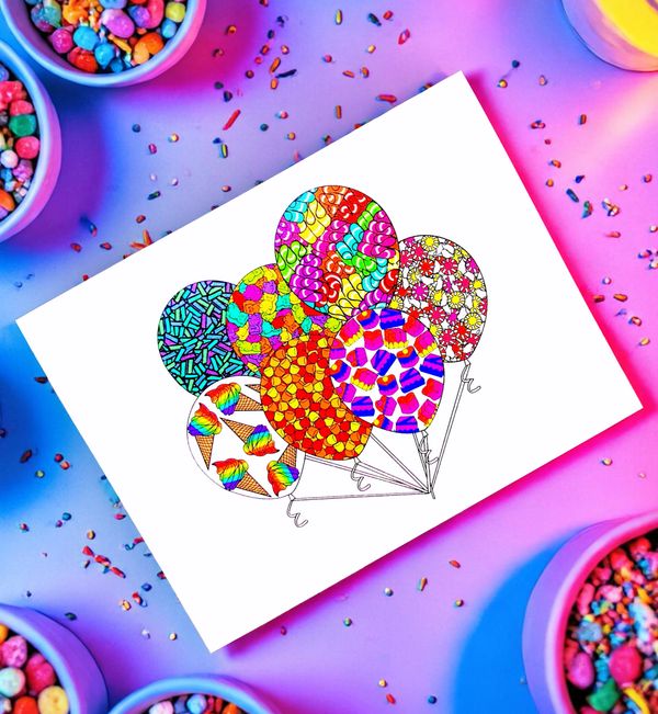 Colorful patterned balloons drawing on white paper with candy bowls around.