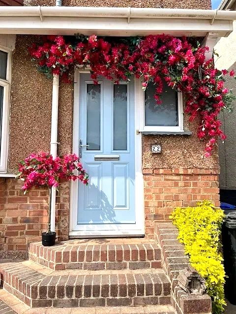 Light blue door with vibrant red and yellow flowers.
