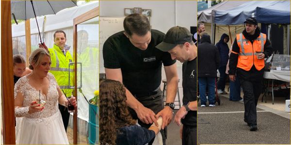 Bride, medical aid, and security at an event.