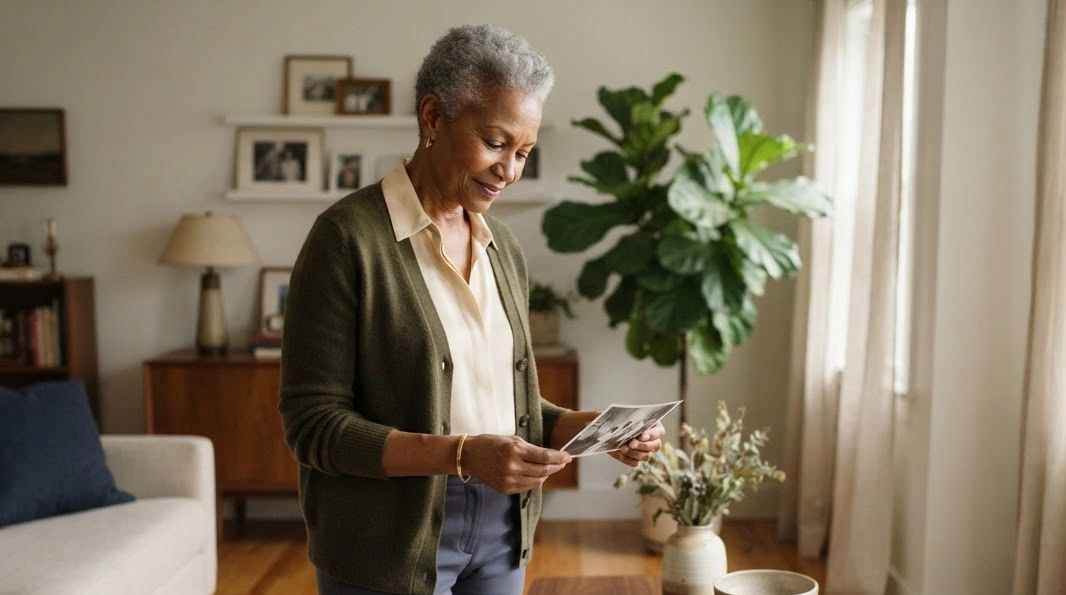 Older woman looking through family photographs in her sunlit living room at home.