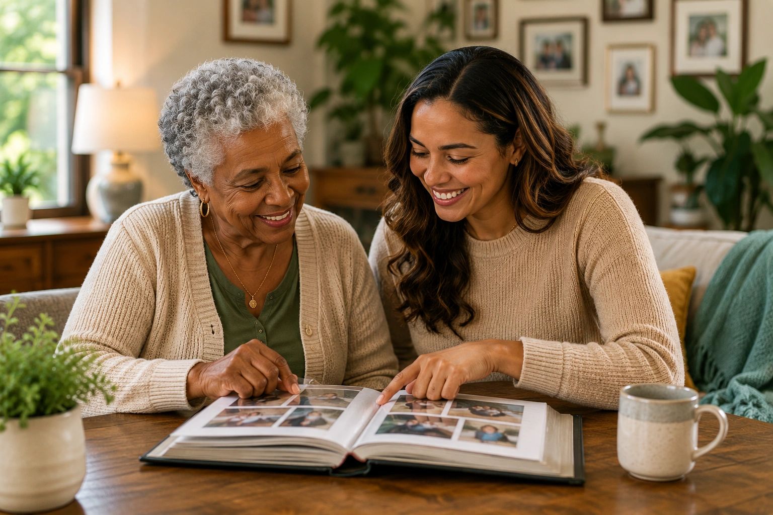 Older woman and caregiver looking through a photo album together at home.