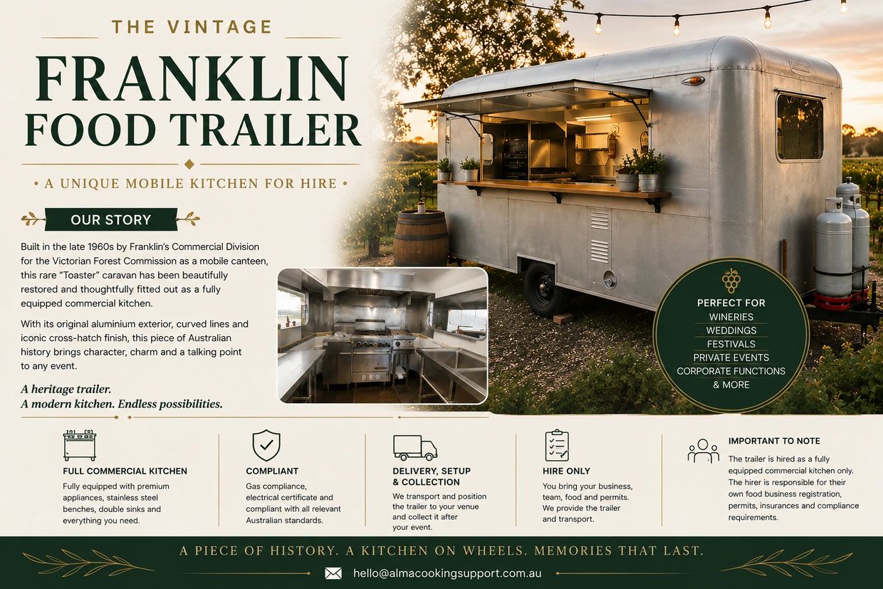 Vintage Franklin food trailer for hire with a fully equipped commercial kitchen.