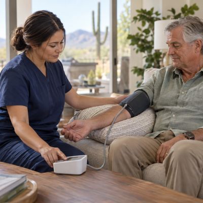 Nurse checking blood pressure of elderly man at home.