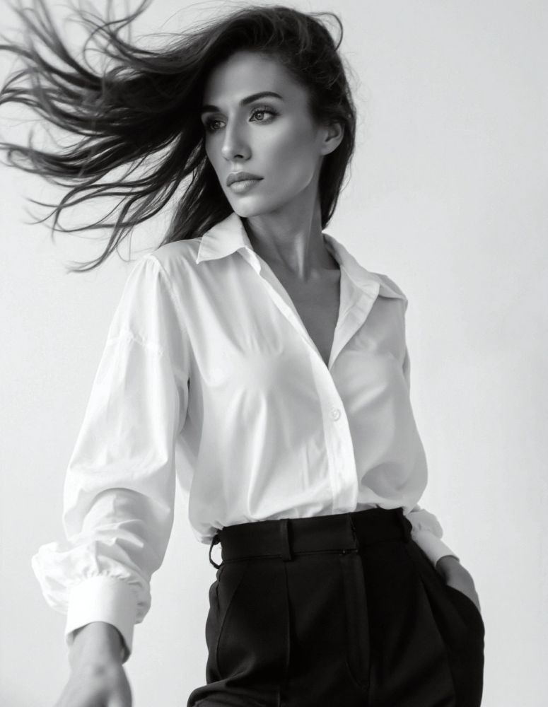 Black and white portrait of a confident woman with flowing hair wearing a white shirt and black pants.