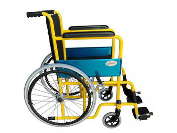 Silla de ruedas amarilla y azul.