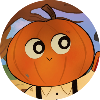 A 2D painting of a pumpkin character smiling.