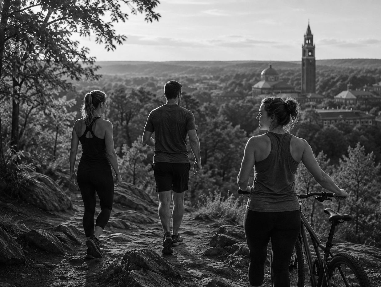 Three active adults hiking and cycling on a wooded trail overlooking Chapel Hill, North Carolina.