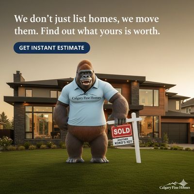 A gorilla mascot in a Calgary Fine Homes shirt stands with a sold sign in front of a modern house.
