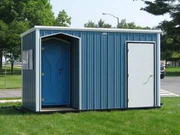 Custom Steel Sheds.  this shed created with a porta potty option for a job site.