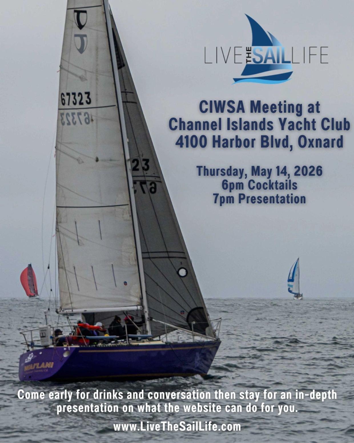 Sailboat on water promoting CIWSA meeting with presentation and cocktails.