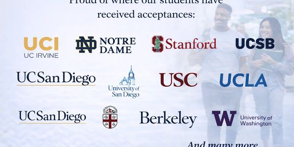 College logos showing student acceptances including Stanford, UCLA, and Berkeley.
