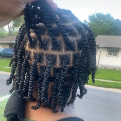 Person with neatly twisted braids and parted hair.