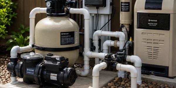 Pool filtration system with pipes, pump, and filter components.
