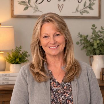 Smiling woman in cozy indoor setting.